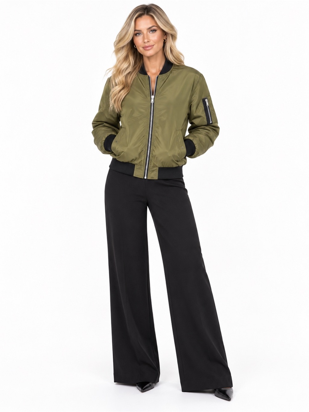 Alice + Olivia Olive Green Bomber Jacket with Black Trim